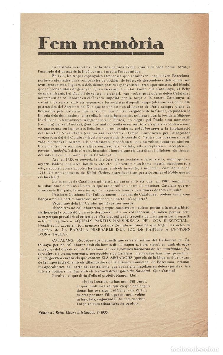 Militaria: MANIFIESTO POL&Iacute;TICO TITULADO FEM MEM&Ograve;RIA, HAGAMOS MEMORIA, EDITADO EN EL ESTADO LIBRE IRLANDA 1935.