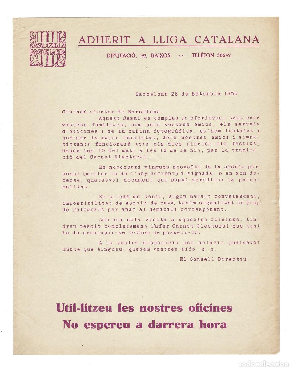 Militaria: PROPAGANDA POL&Iacute;TICA BARCELONA 26 SEPTIEMBRE 1935 POR EL CASAL CATAL&Agrave; PRAT DE LA RIBA, LLIGA CATALA