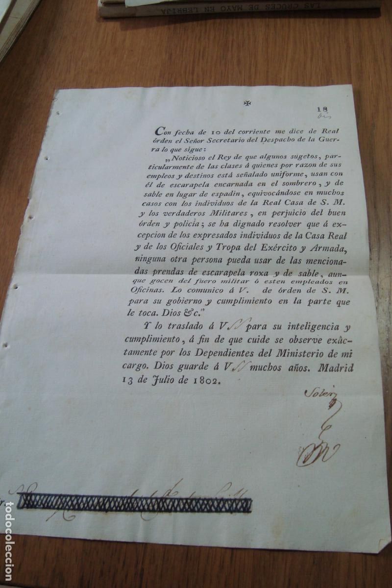 Militaria: REAL ORDEN DESPACHO DE GUERRA SOBRE MAL USO DE ESCARPELA Y SABLE. FIRMADO SOLER. MADRID 1802.