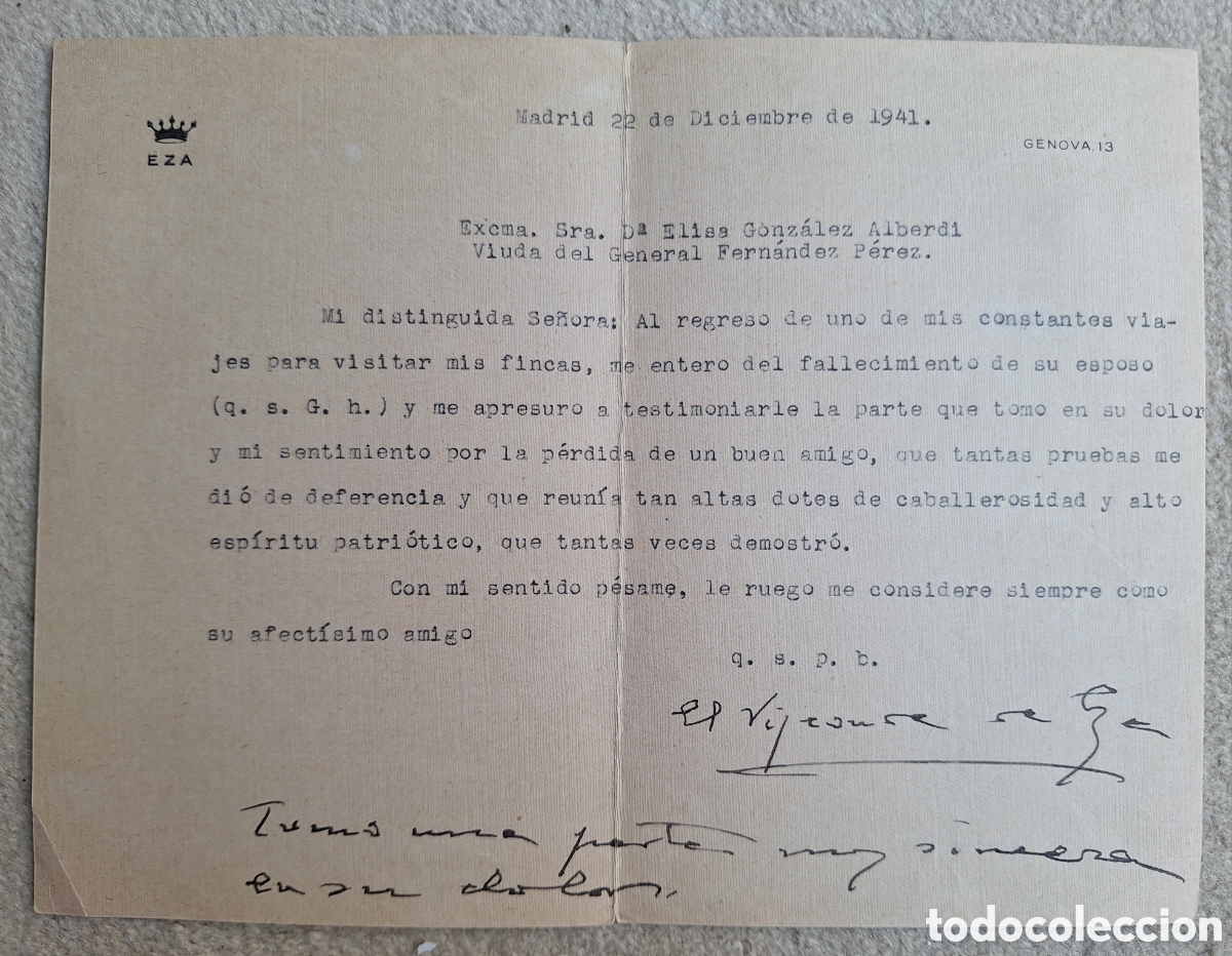 Militaria: Carta 1941 Vizconde de Eza (G&eacute;nova 13) con Dedicatoria y Firma Aut&oacute;grafas - Tem&aacute;tica Militar