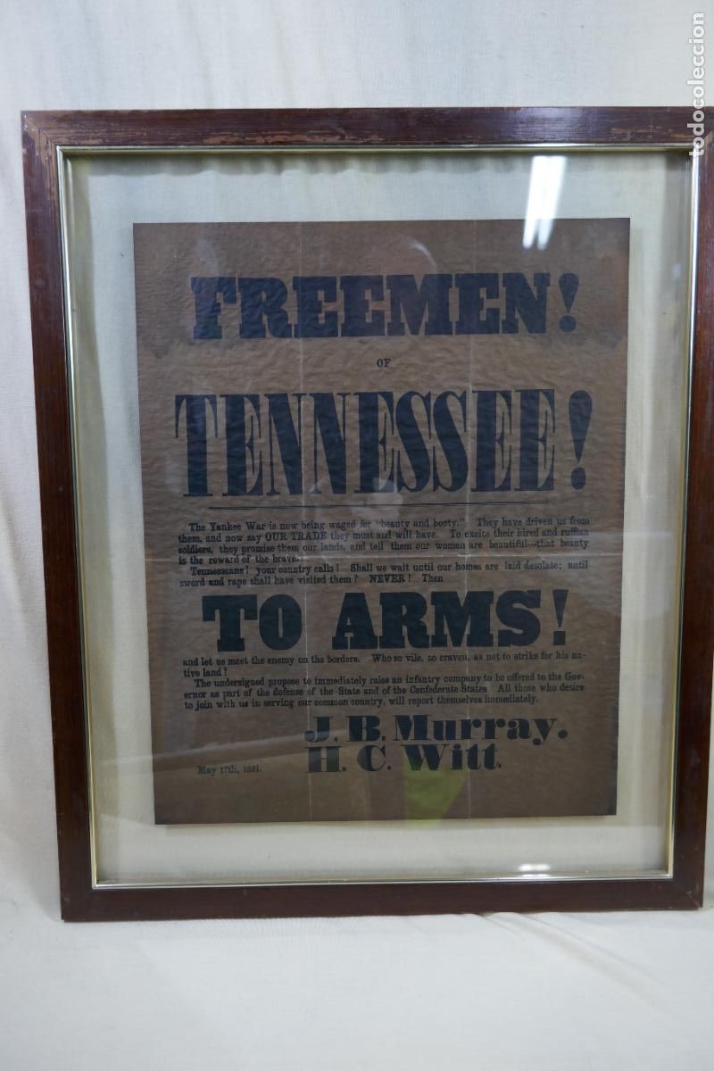 Militaria: FREEMEN! TENNESSEE TO ARMS! J.B. MURRAY / H.C.WITT - POSTER, FOLLETO ENMARCADO.