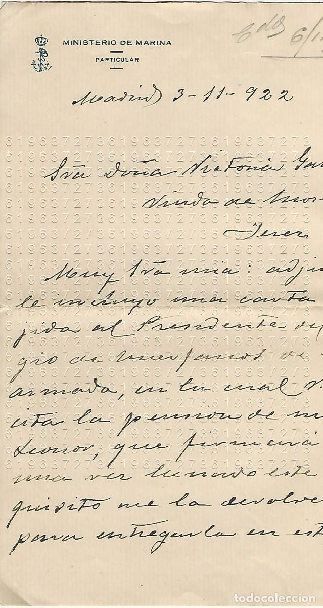 Militaria: 1922 MINISTERIO DE MARINA CARTA VIUDA COMANDANTE DE LA ARMADA JEREZ DE LA FRONTERA M21
