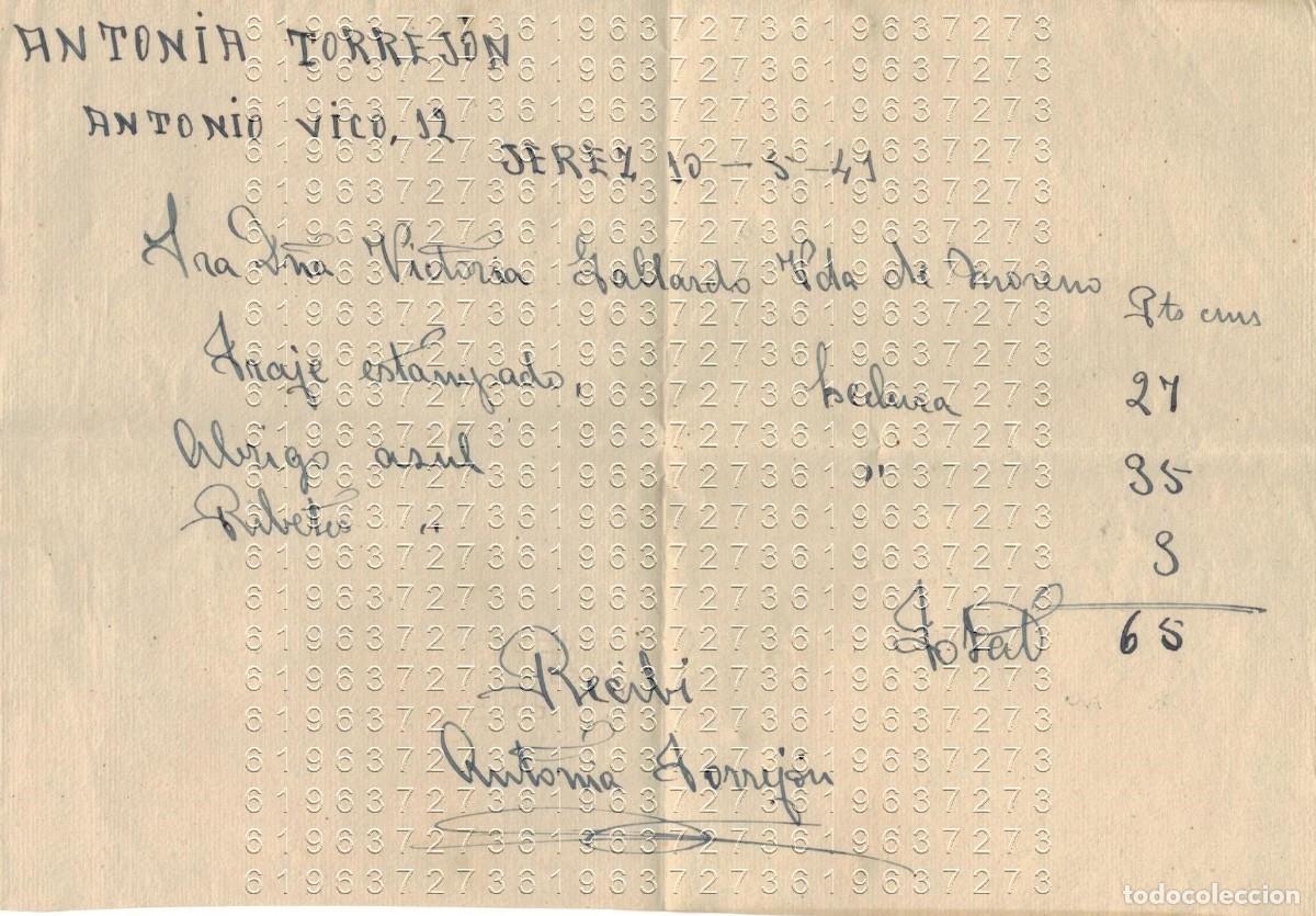 Militaria: JEREZ DE LA FRONTERA ANTONIA TORREJON MODISTA RECIBO FACTURA 1941 B43