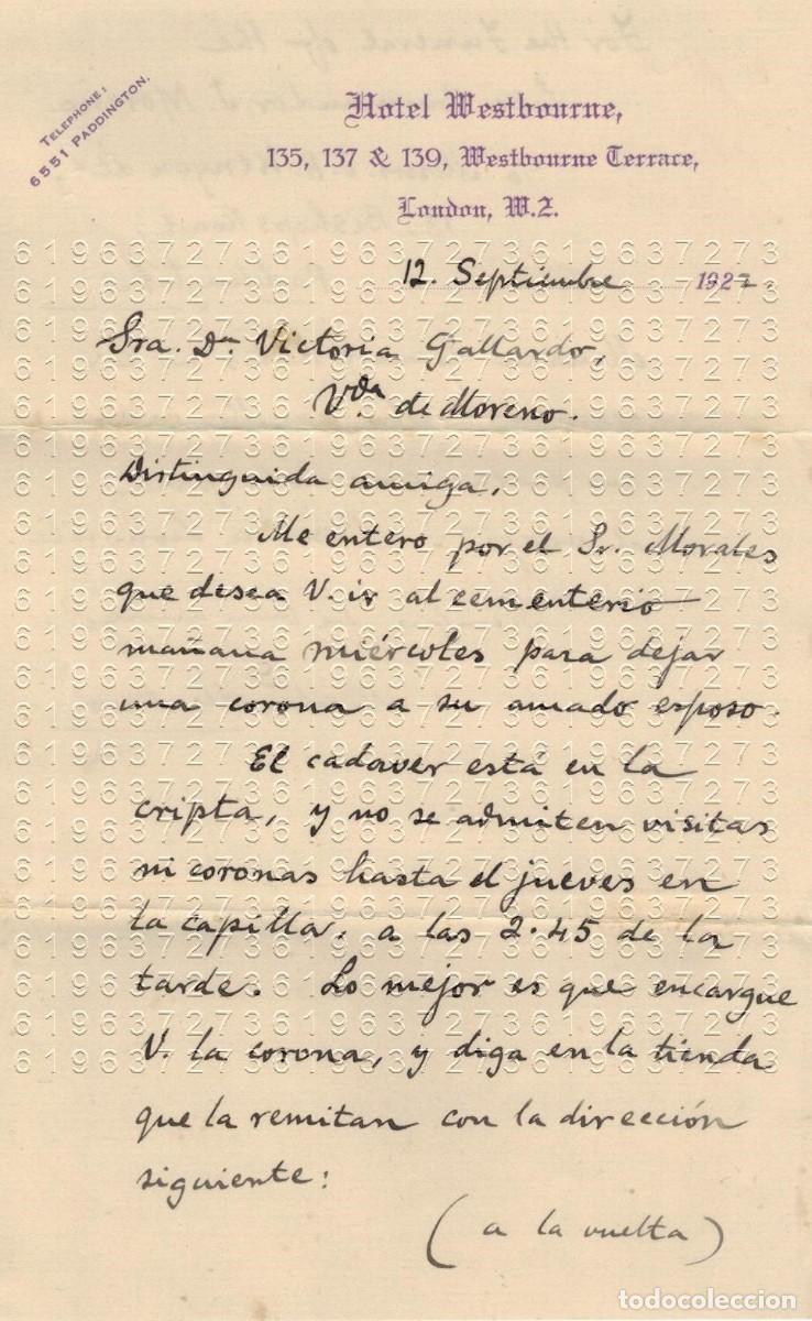 Militaria: LONDRES HOTEL WESTBOURNE 1922 CARTA VIUDA COMANDANTE ARMADA JOSE MORENO ANERES B43