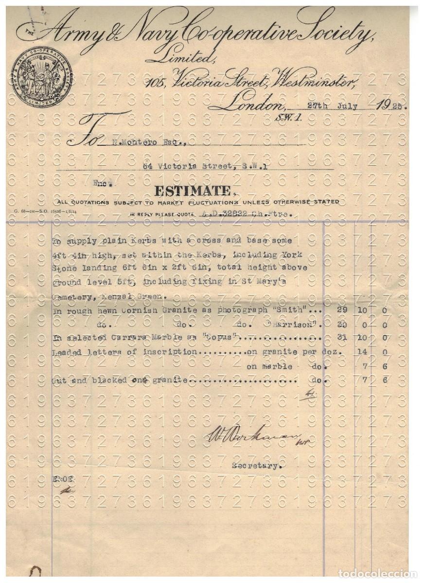 Militaria: LONDRES ARMY & NAVY COOPERATIVE SICIETY FACTURA 1925 VIUDA COMANDANTE ARMADA JOSE MORENO ANERES B43