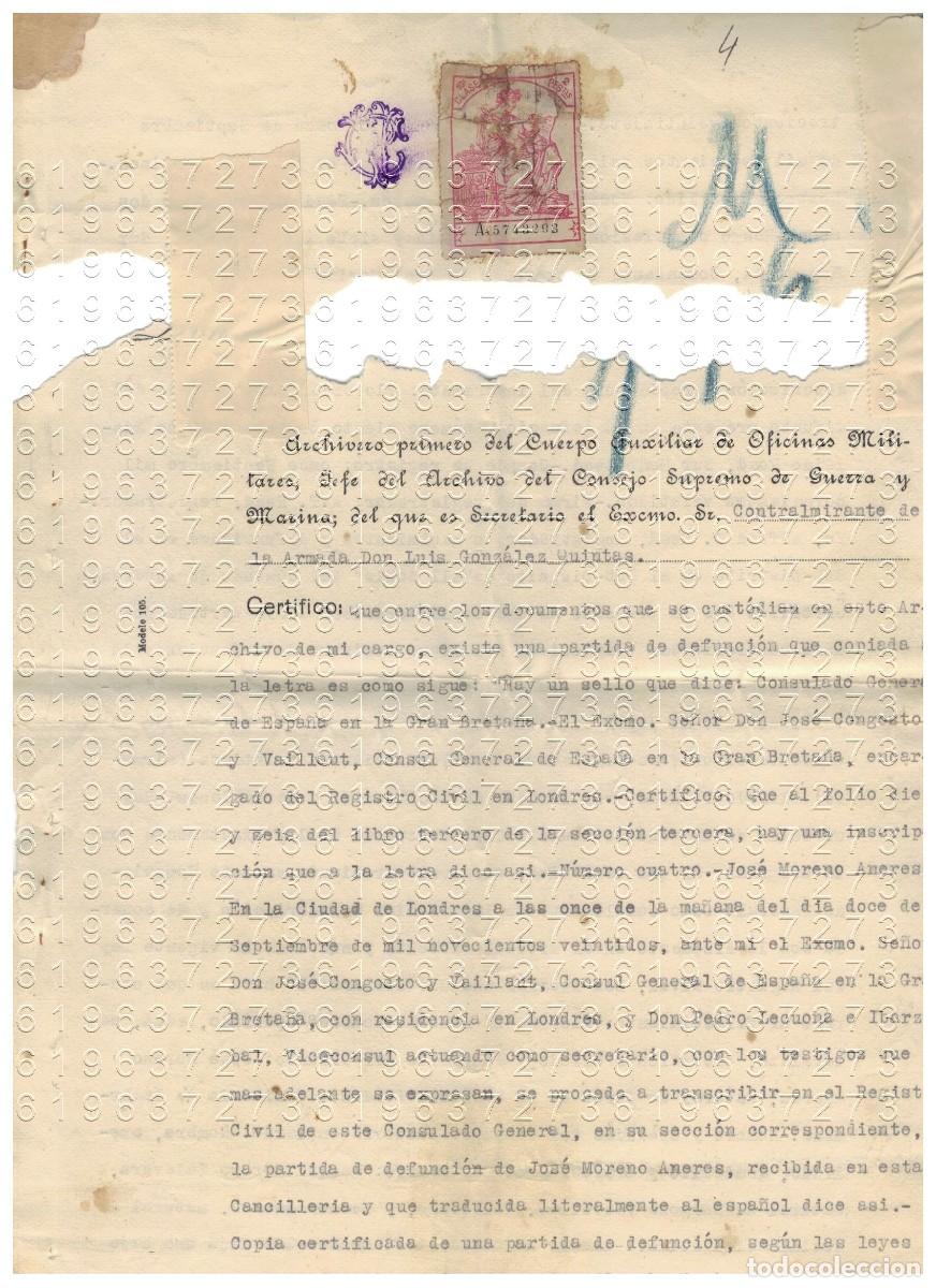 Militaria: LONDRES COMANDANTE ARMADA JOSE MORENO ANERES 1923 CERTIFICADO DE DEFUNCION B43