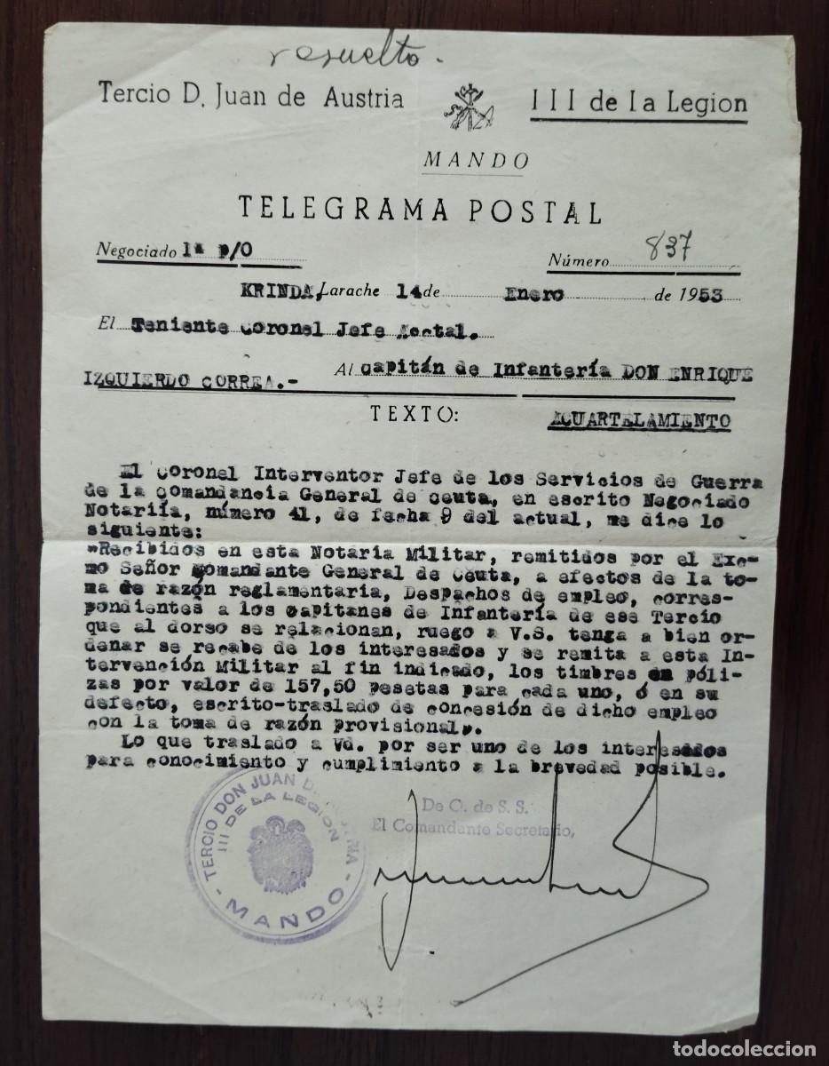 Militaria: LEGION ESPA&Ntilde;OLA. TELEGRAMA LARACHE 1953.ENVIO INCLUIDO