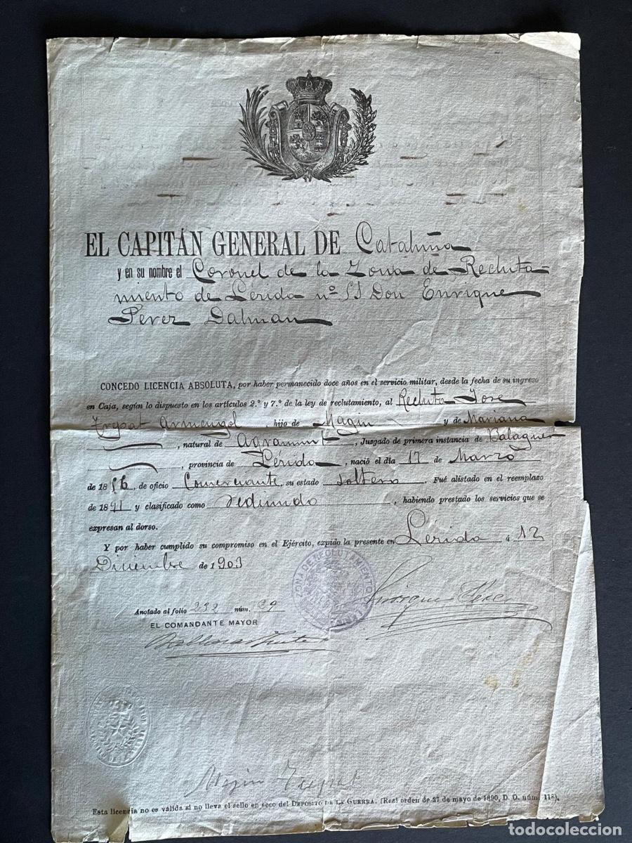 Militaria: DOCUMENTO MILITAR - LICENCIA ( LERIDA 1903)