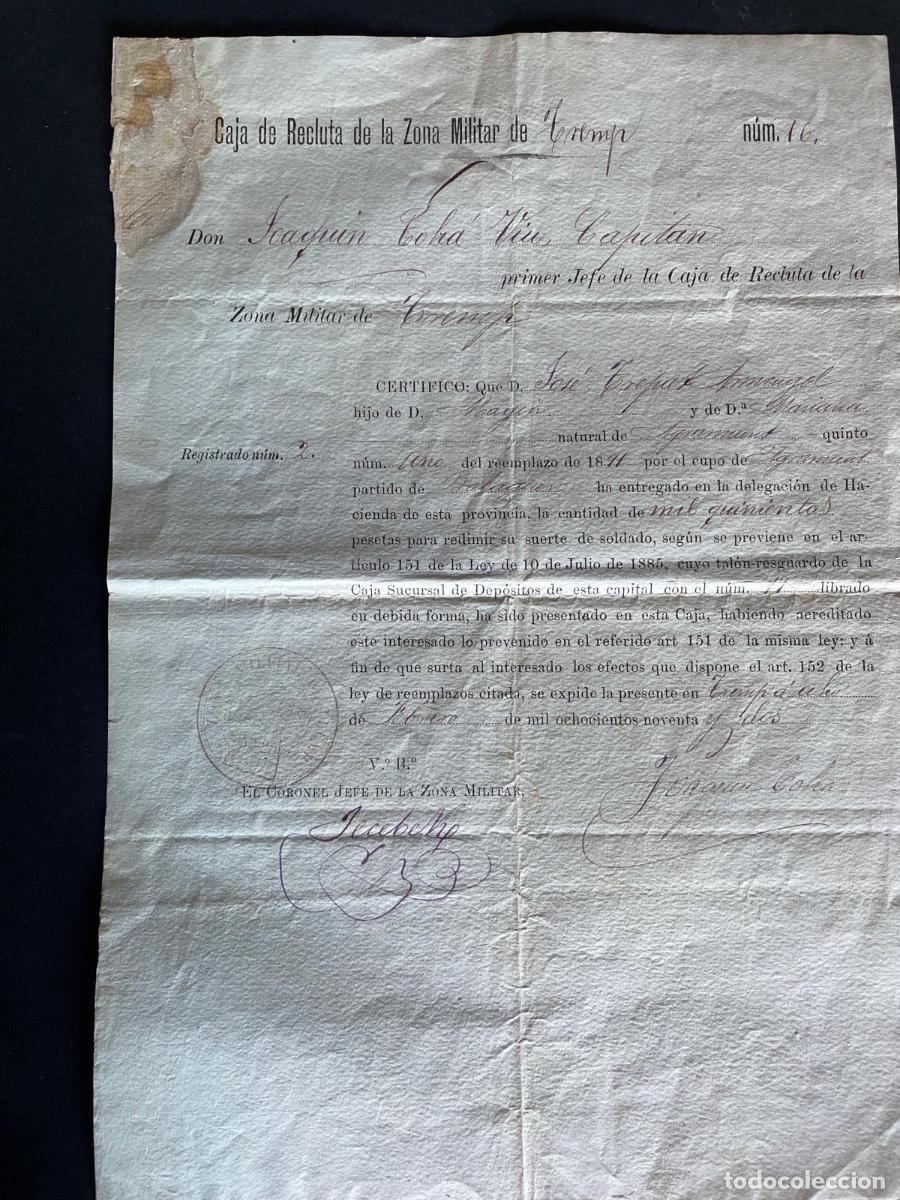 Militaria: DOCUMENTO MILITAR - CAJA DE RECLUTA DE LA ZONA MILITAR ( TREMP 1892)