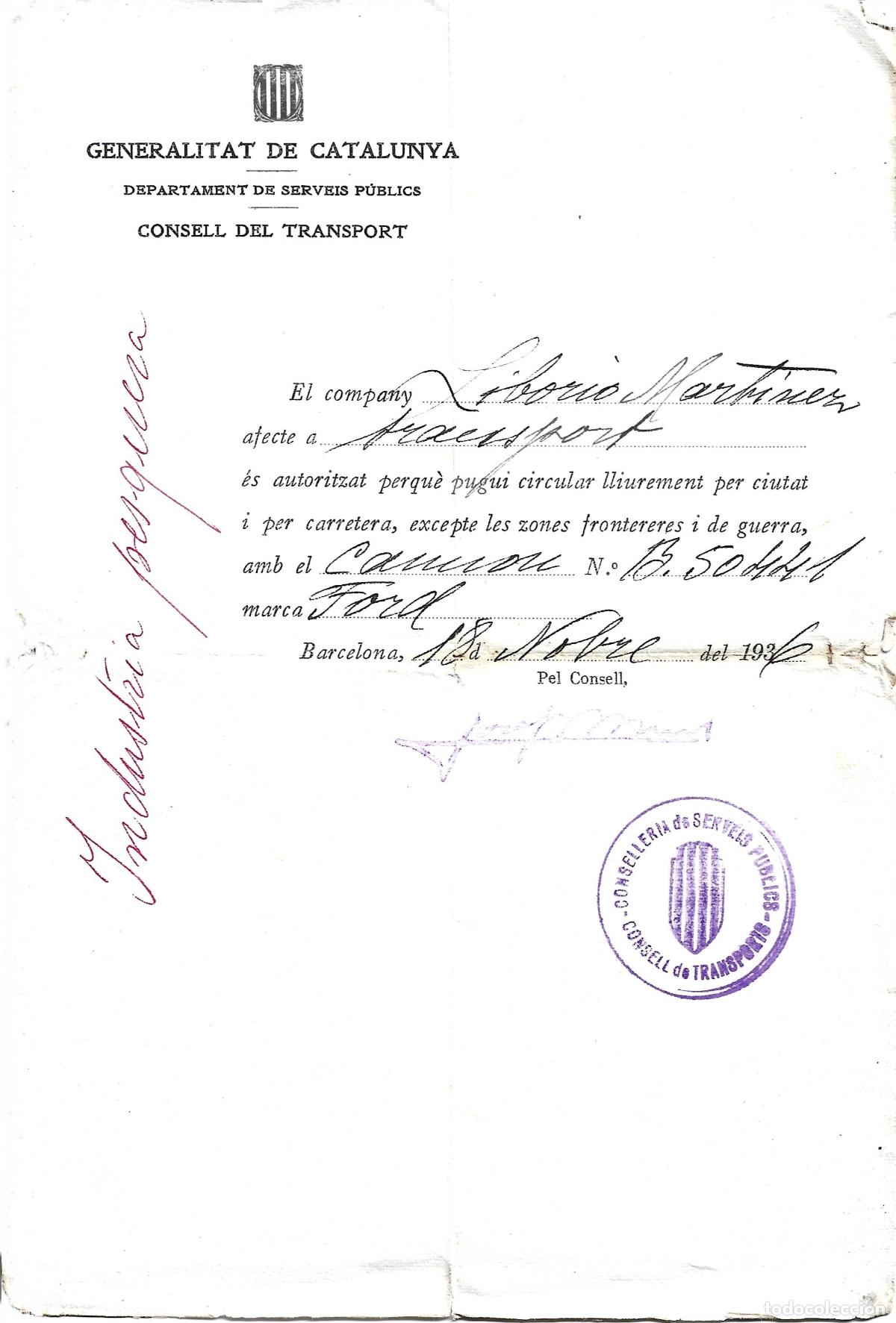 Militaria: PASAPORTE-SALVOCONDUCTO PARA CIRCULAR-CAMION FORD-CONSELL DE TRANSPORT GENERALITAT-GUERRA CIVIL