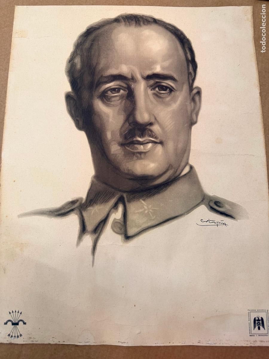 Militaria: Poster lamina FRANCO. Firmado Crispin. Yugo y flechas. Falange Espa&ntilde;ola. Original de epoca. 40x31cms