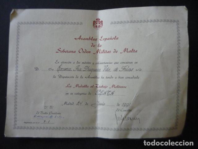 Militaria: DUQUESA VIUDAD DE FRIAS CONCESION MEDALLA TRABAJO MELITENSE POR ORDEN MILITAR DE MALTA DIPLOMA 1991