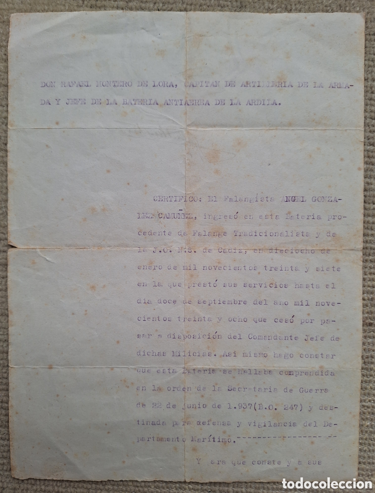 Militaria: Documento Falangista Guerra Civil - Ardila