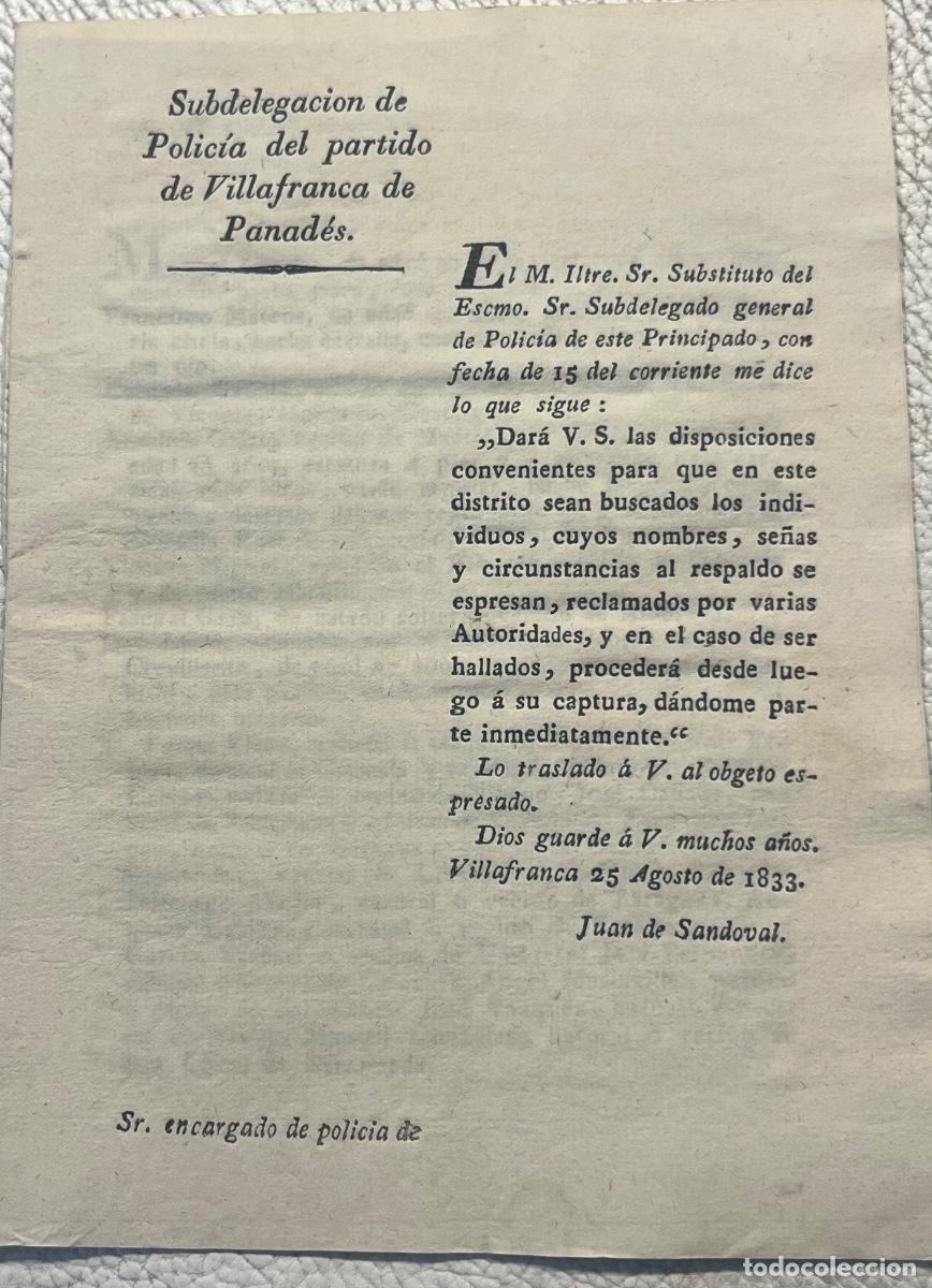 Militaria: DOCUMENTO HIST&Oacute;RICO DE 1833 GUERRA CARLISTA SUB. POLIC&Iacute;A DEL PARTIDO VILAFRANCA DEL PENED&Egrave;S