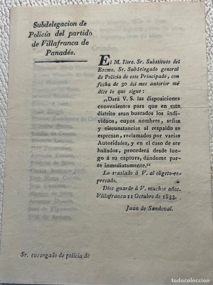 Militaria: DOCUMENTO HIST&Oacute;RICO DE 1833 GUERRA CARLISTA SUB. POLIC&Iacute;A DEL PARTIDO VILAFRANCA DEL PENED&Egrave;S