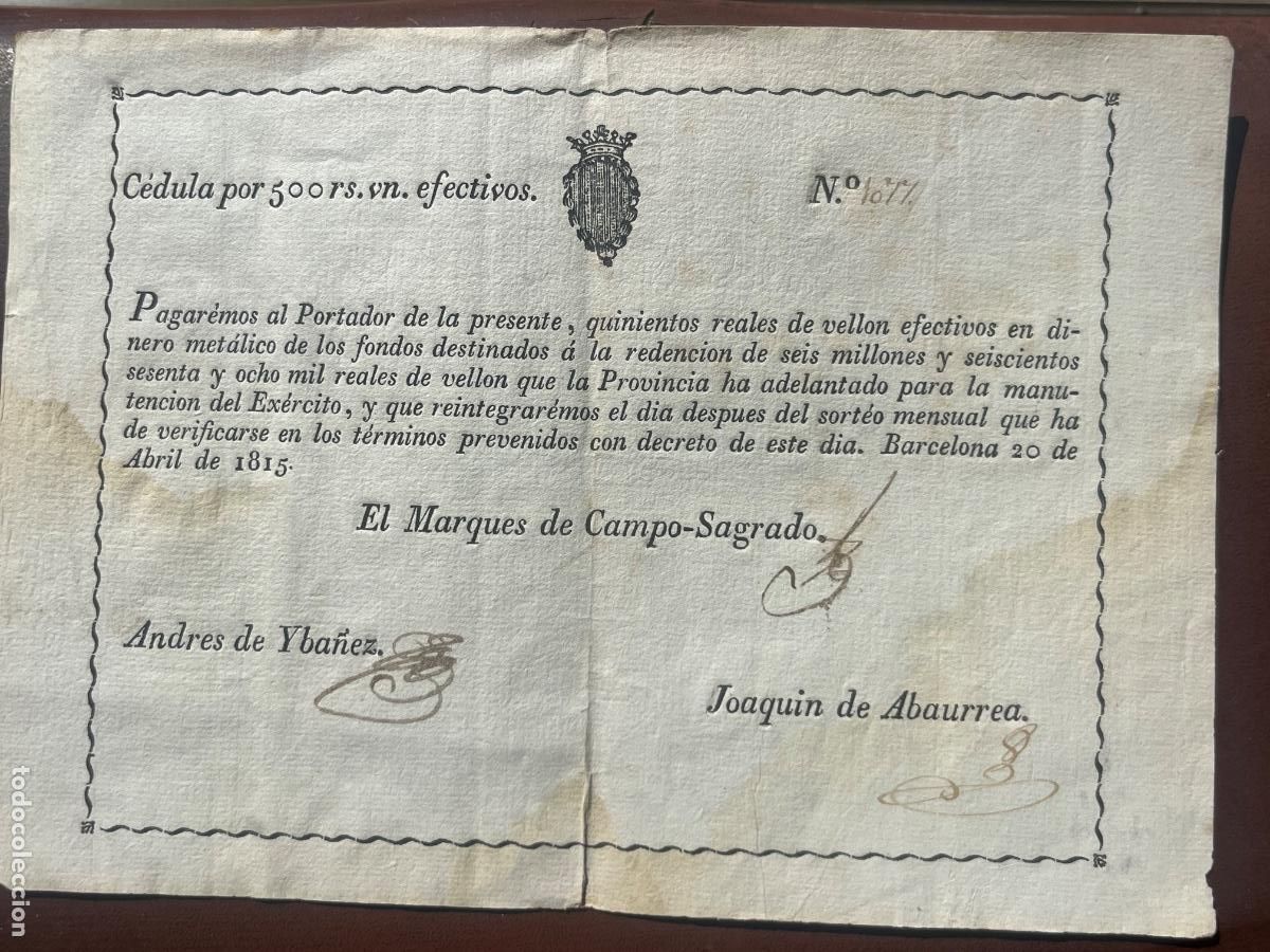 Militaria: C&Eacute;DULA DE 500 RS PAGAR&Eacute; MANUTENCI&Oacute;N EJ&Eacute;RCITO 1815 GUERRA DE LA INDEPENDENCIA