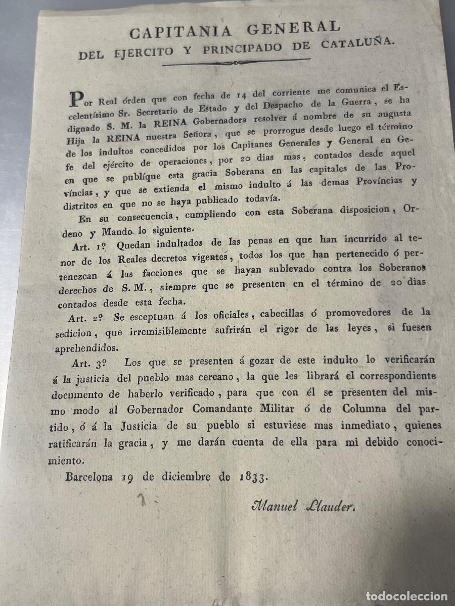 Militaria: BANDO OFICIAL DE 1833 CAPITAN&Iacute;A GENERAL DE CATALU&Ntilde;A PRIMERA GUERRA CARLISTA.