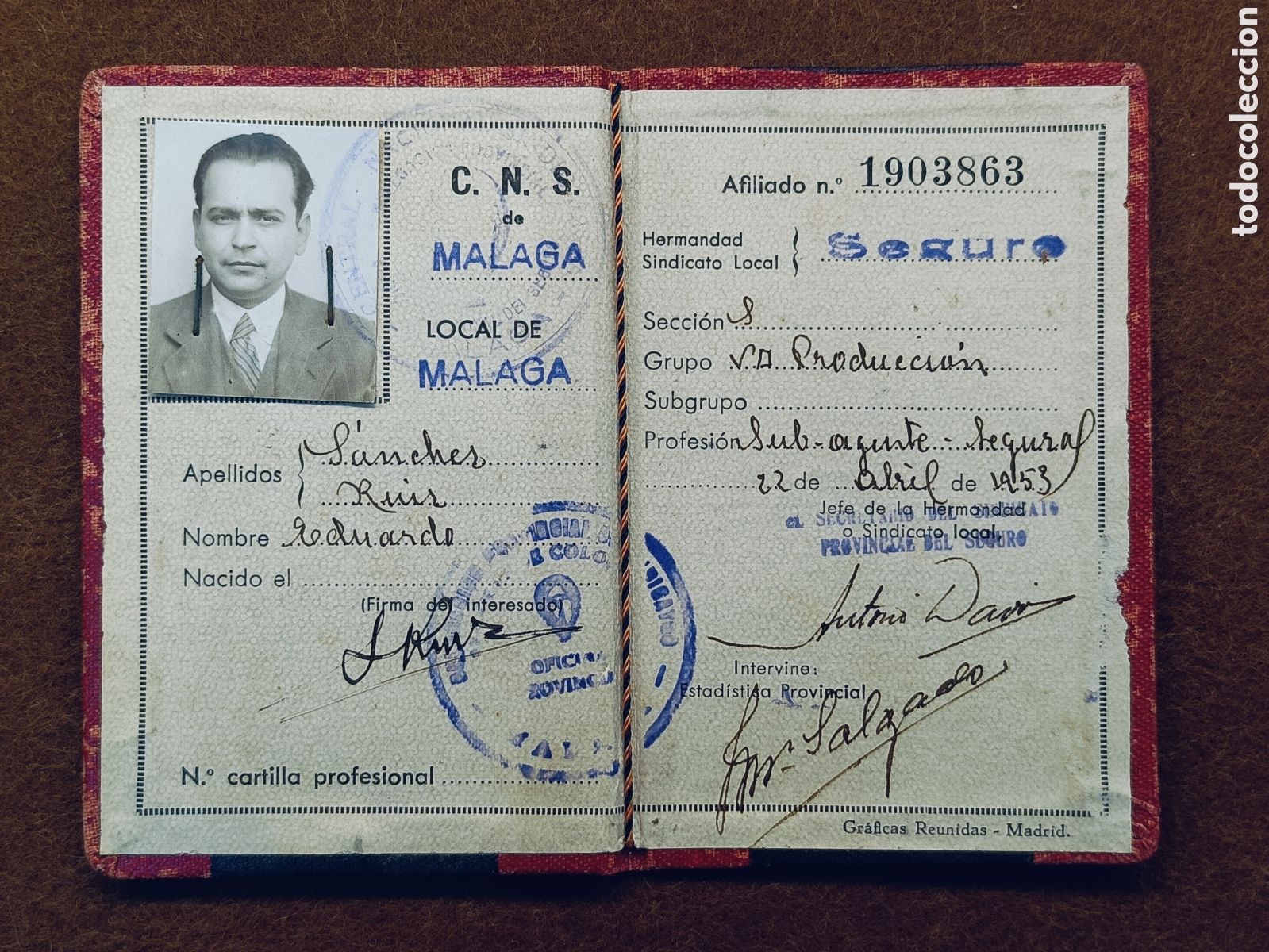 Militaria: CARNET C.N.S SINDICATO VERTICAL FALANGE MALAGA 1953