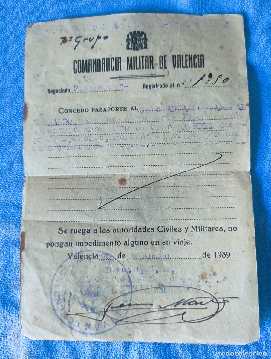 Militaria: CONCESION DE PASAPORTE ORIGINAL DE LA COMANDANCIA MILITAR DE VALENCIA A&Ntilde;O 1939