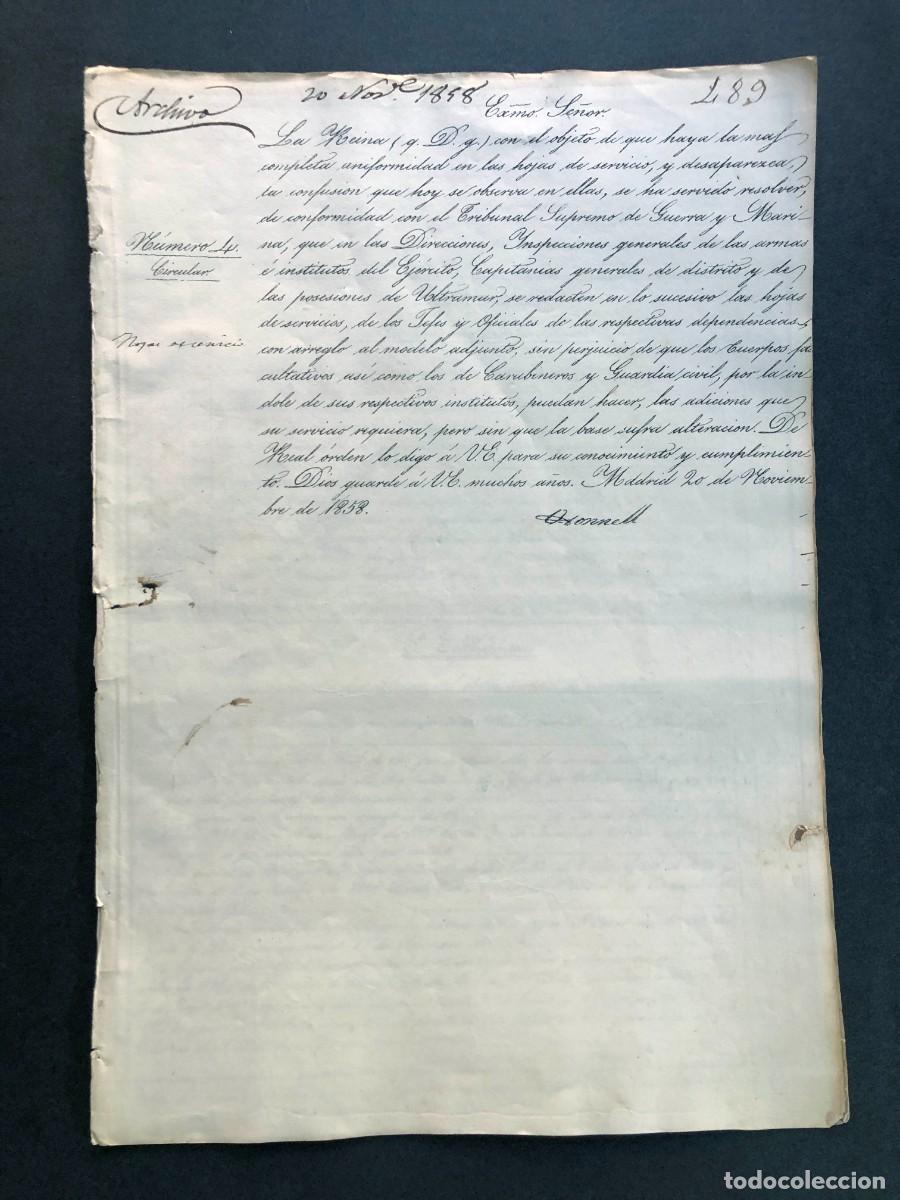 Militaria: MADRID 1858 / O'DONELL / CIRCULAR Y EJEMPLO SOBRE UNIFORMIDAD EN LA REDACCI&Oacute;N DE HOJAS DE SERVICIO