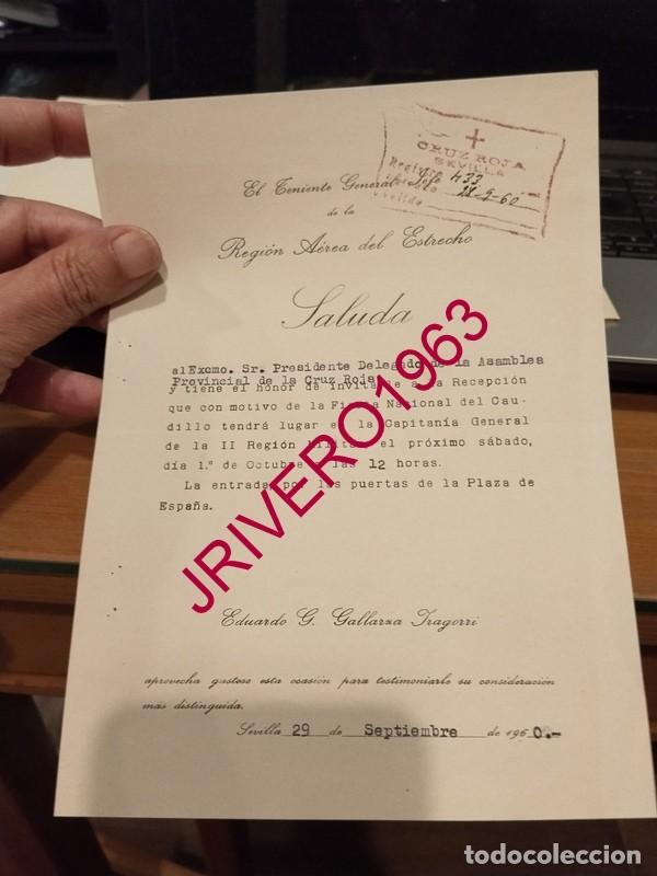 Militaria: SEVILLA, 1960, SALUDA TENIENTE GENERAL REGION AEREA DEL ESTRECHO, INVITACION CRUZ ROJA RECEPCION