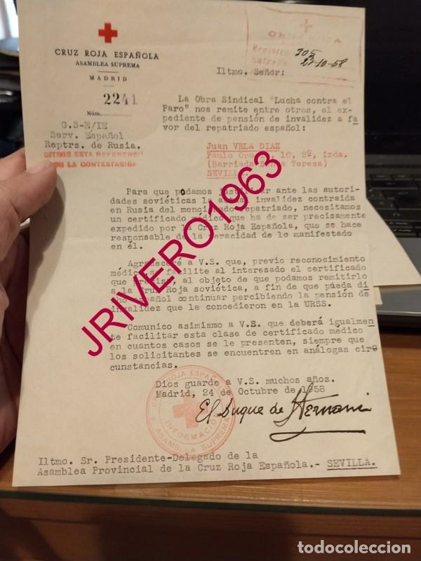 Militaria: SEVILLA, 1958, CRUZ ROJA, CERTIFICADO MEDICO PARA INCAPACIDAD, EMIGRANTE EN LA URSS, ACCIDENTE