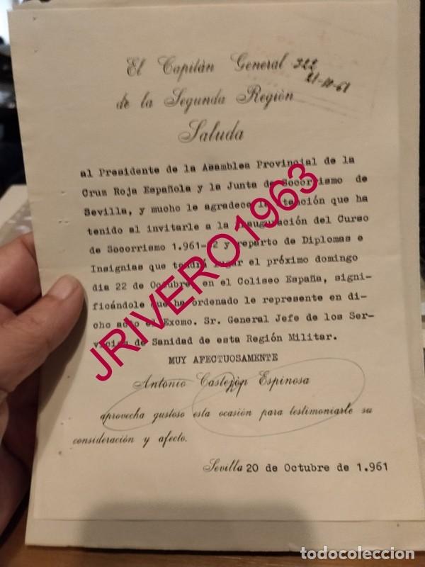 Militaria: SEVILLA, 1961, SALUDA CAPITAN GENERAL SEGUNDA REGION, AGRADECIMIENTO A CRUZ ROJA, CURSILLOS SOCORRIS