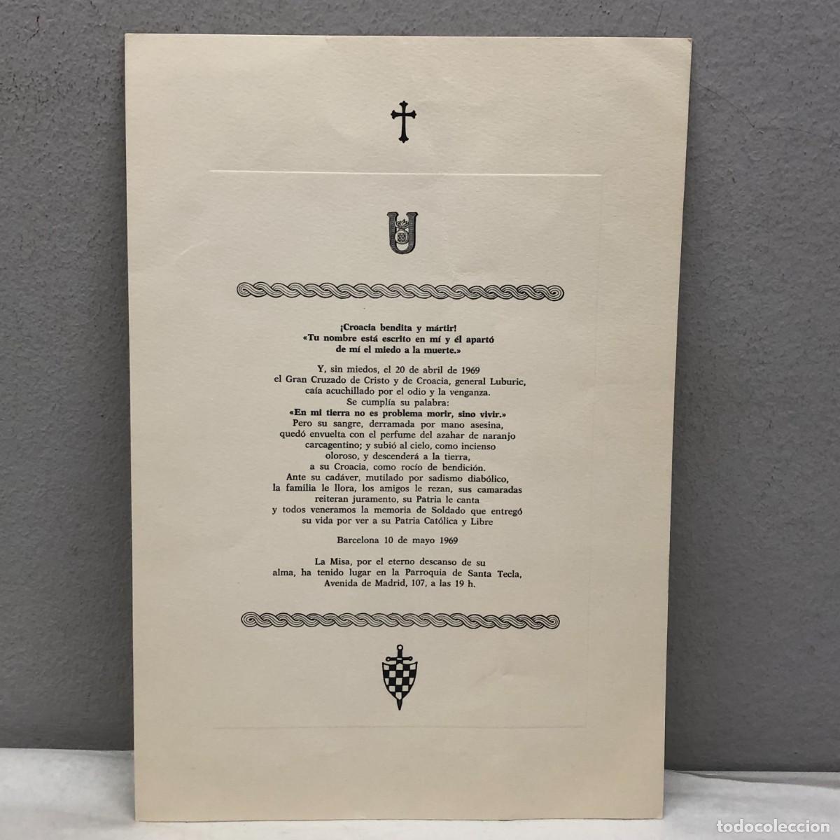 Militaria: RECORDATORIO FUNEBRE - AL CAMARADA Y GENERAL LUBORIC - PARROQUIA DE SANTA TECLA - 1969 / 1125