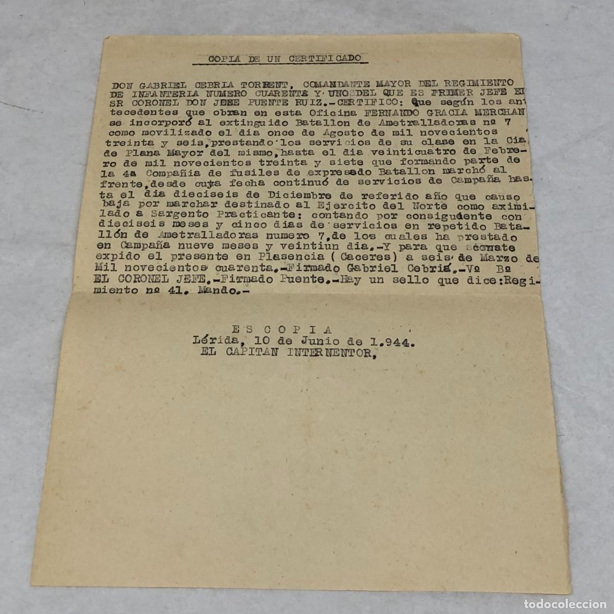 Militaria: COPIA DE UN CERTIFICADO - SERVICIOS PRESTADOS - EL CAPITAN INVERVENTOR - L&Eacute;RIDA, 1944 / 1139