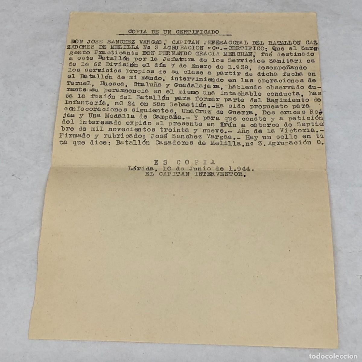 Militaria: COPIA DE UN CERTIFICADO - SERVICIOS PRESTADOS - EL CAPITAN INVERVENTOR - L&Eacute;RIDA, 1944 / 1140