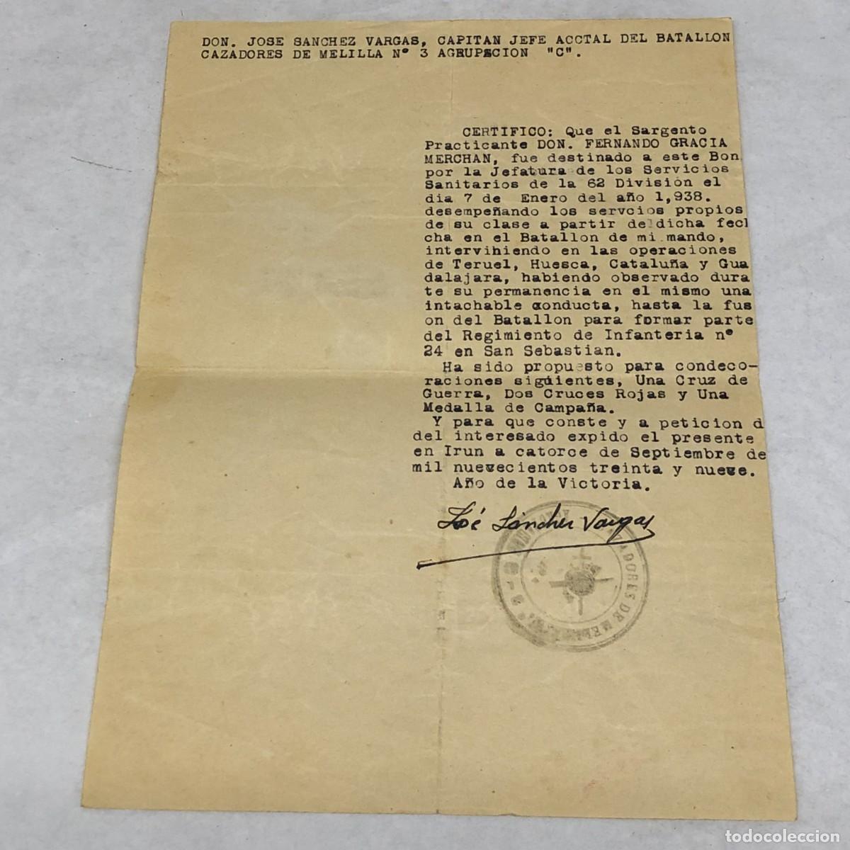 Militaria: COPIA DE UN CERTIFICADO - BATALL&Oacute;N CAZADORES DE MELILLA N&ordm; 3, AGRUPACI&Oacute;N &rdquo;C&rdquo; - A&Ntilde;O VICTORIA / 1141