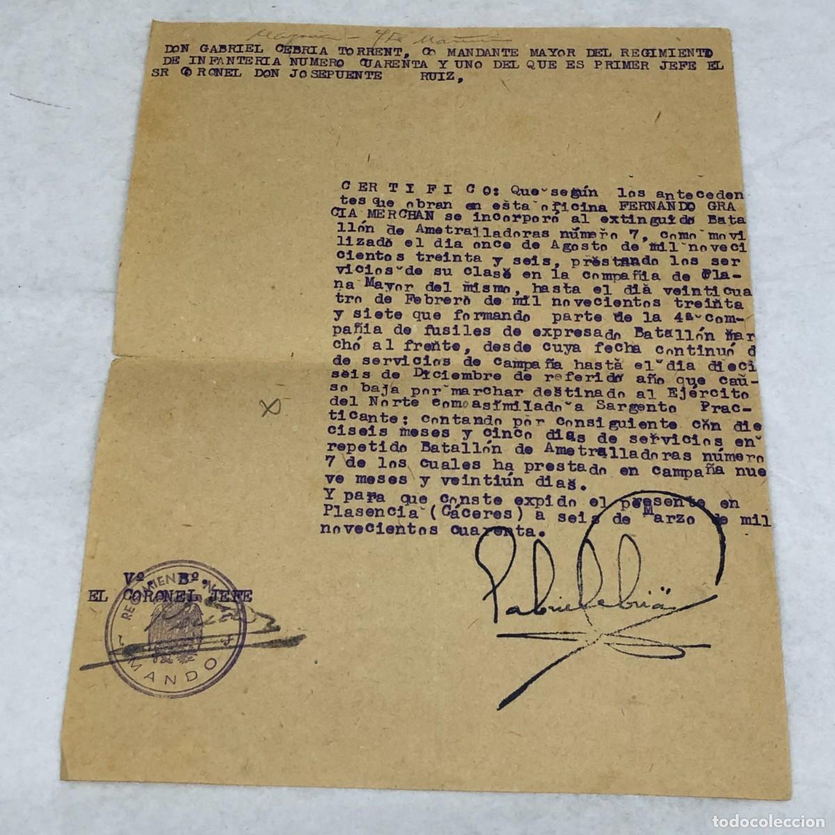 Militaria: CERTIFICADO - REGIMIENTO DE INFANTERIA N&ordm; 41 - MANDO - CORONEL JEFE - PLASENCIA, 1940 / 1142