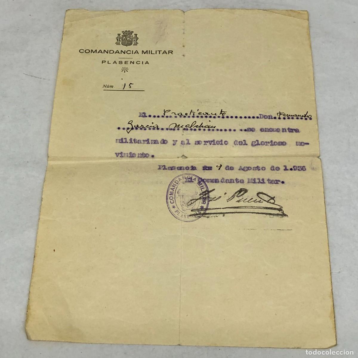 Militaria: CERTIFICADO - COMANDANCIA MILITAR PLASENCIA - PLASENCIA, 1936 / 1143