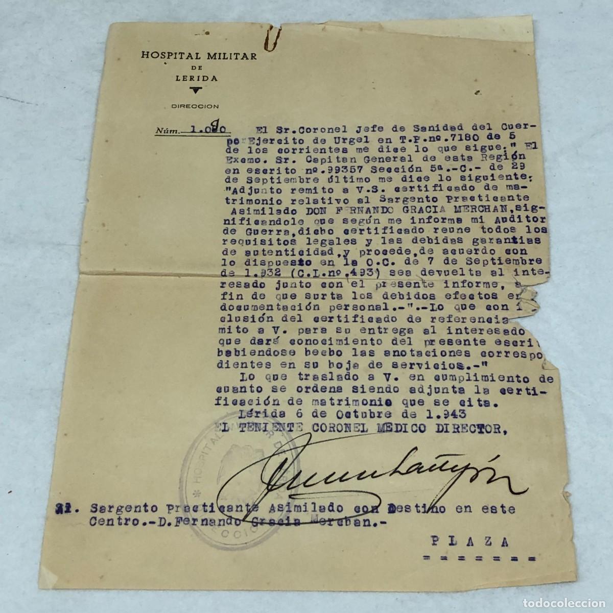 Militaria: CERTIFICADO - HOSPITAL MILITAR DE LERIDA, DIRECCION - L&Eacute;RIDA, 1943 / 1144