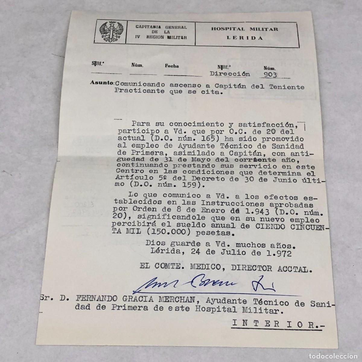 Militaria: CERTIFICADO - HOSPITAL MILITAR DE LERIDA - CAPITANIA GENERAL DE LA IV REGION MILITAR - 1972 / 1145