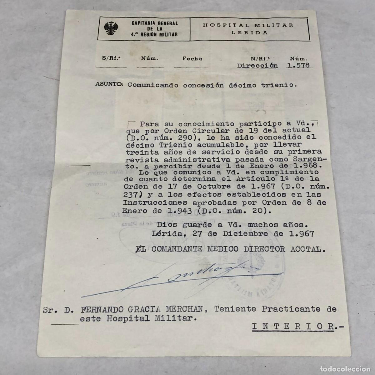 Militaria: DOCUMENTO MILITAR CAPITAN&Iacute;A GENERAL DE LA 4&ordf; REGI&Oacute;N MILITAR - HOSPITAL MILITAR L&Eacute;RIDA - RARO / 1147