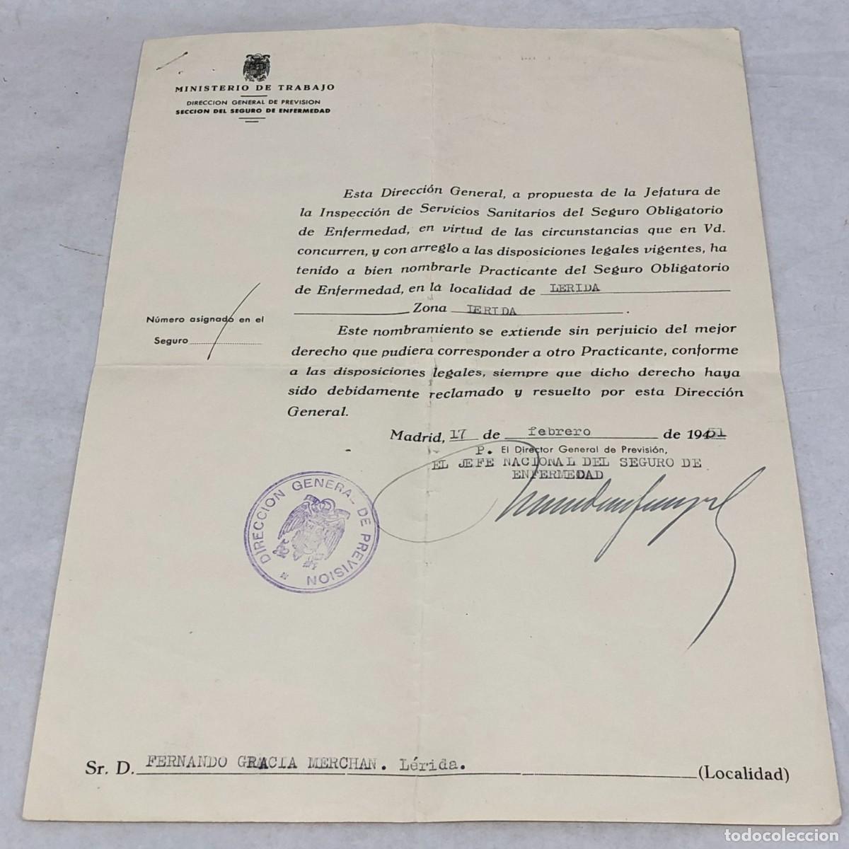 Militaria: DOCUMENTO MILITAR FIRMADO POR EL JEFE NACIONAL DEL SEGURO DE ENFERMEDAD - PREVISION L&Eacute;RIDA / 1148