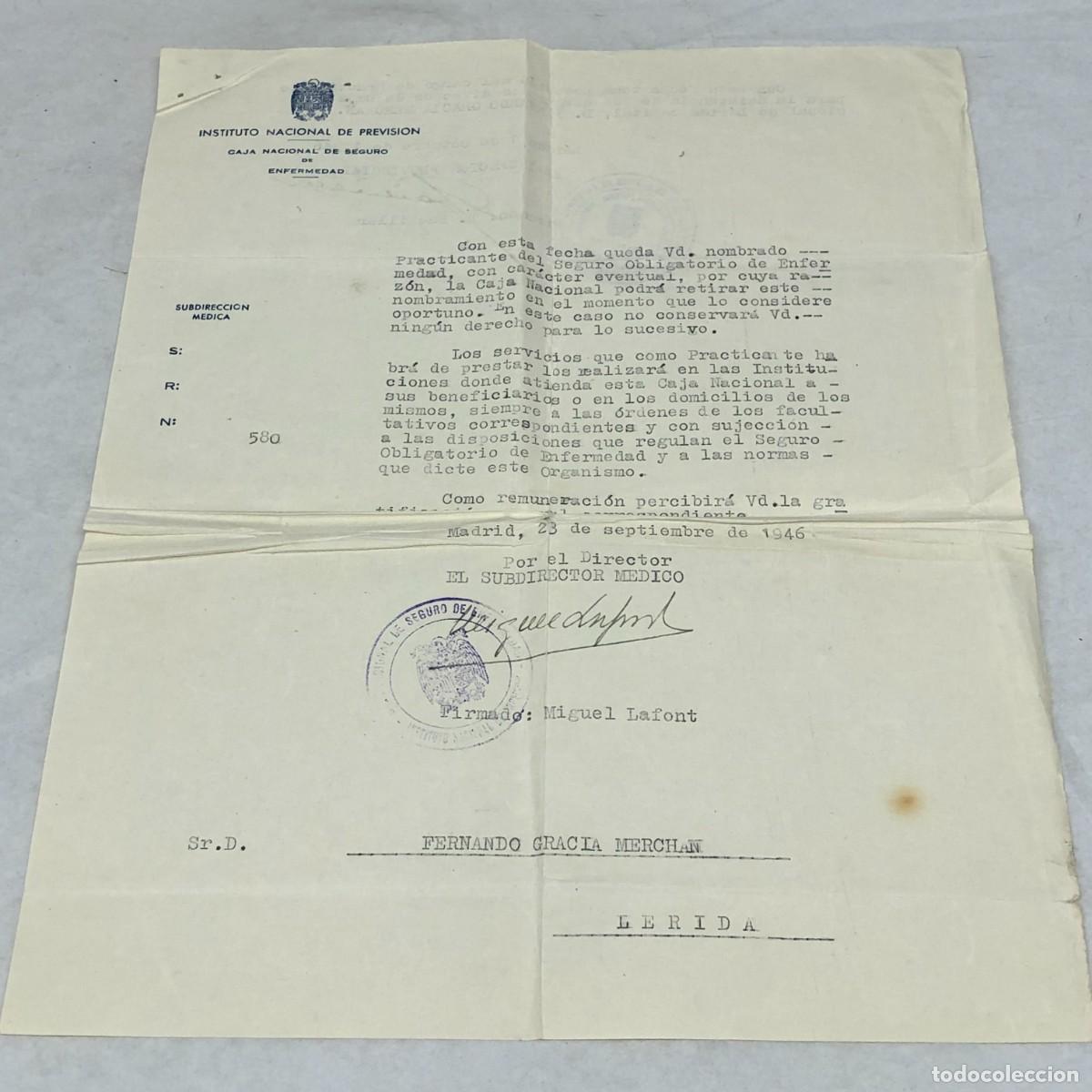Militaria: DOCUMENTO MILITAR - FIRMADO POR EL SUBDIRECTOR MEDICO - 1946 - INSTITUTO NACIONAL PREVISION / 1149