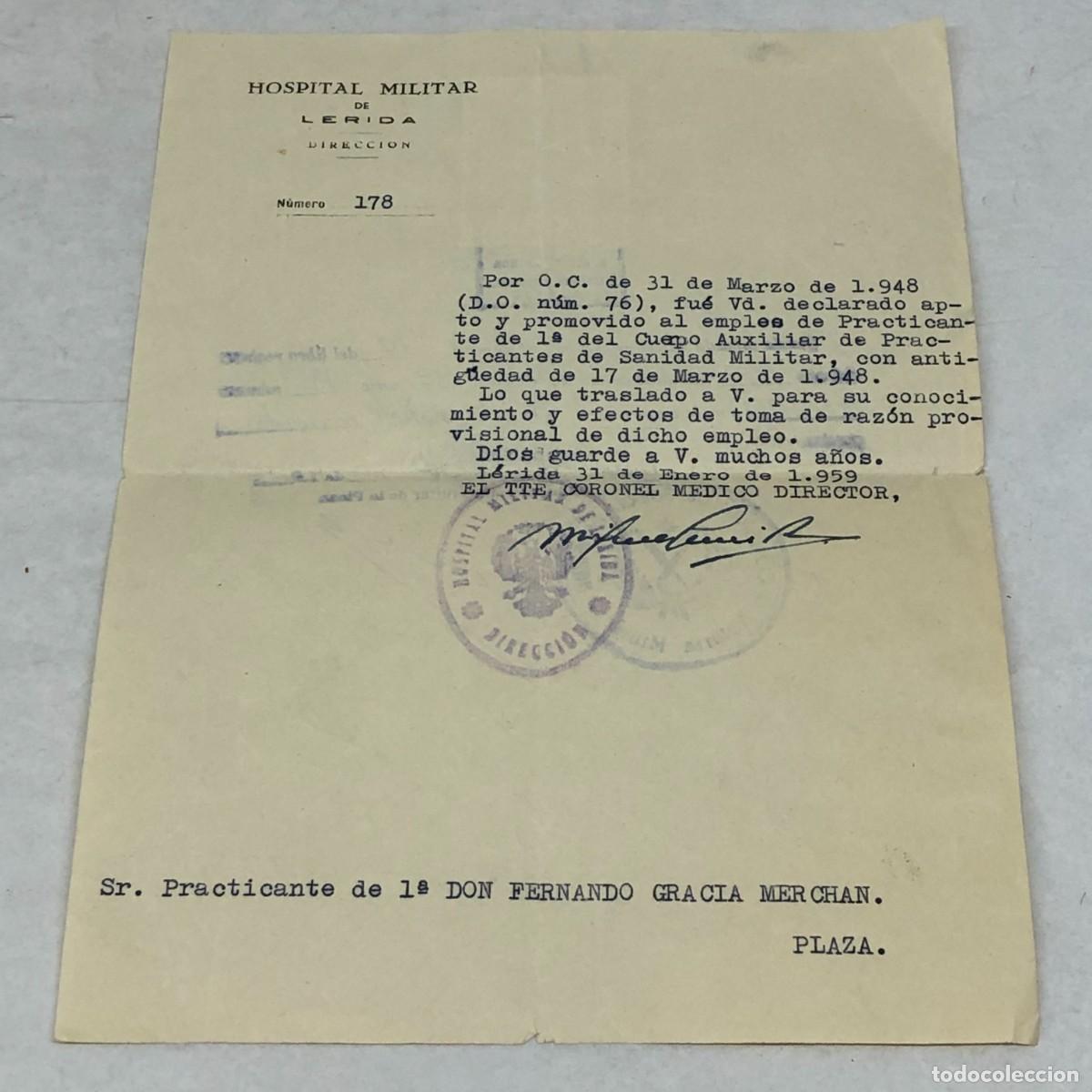 Militaria: DOCUMENTO - HOSPITAL MILITAR DE L&Eacute;RIDA FIRMADO POR EL TENIENTE CORONEL MEDICO DIRECTOR - 1959 / 1151