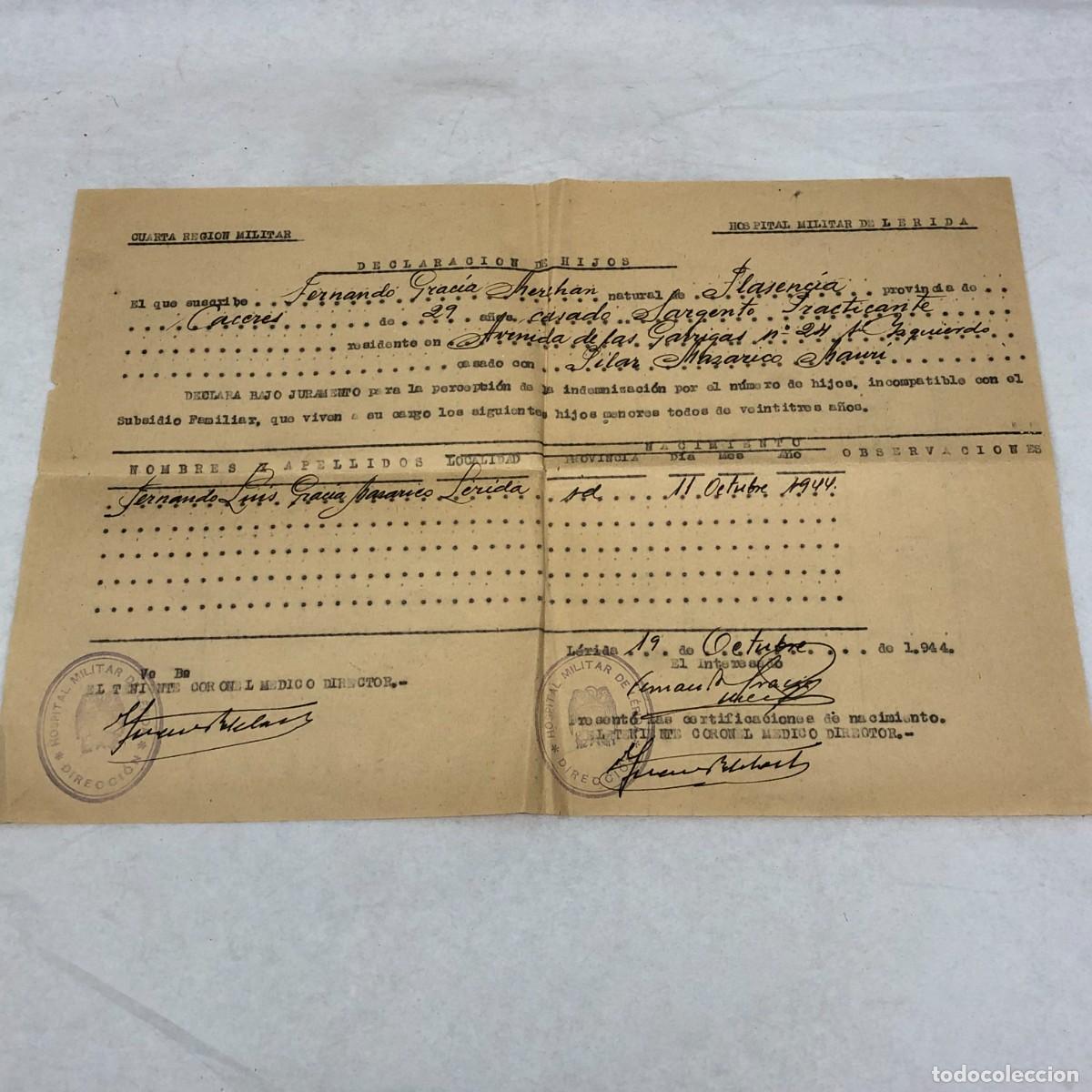 Militaria: DOCUMENTO - HOSPITAL MILITAR DE L&Eacute;RIDA FIRMADO POR EL TENIENTE CORONEL MEDICO DIRECTOR - 1944 / 1152