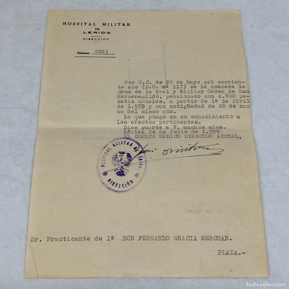 Militaria: DOCUMENTO - HOSPITAL MILITAR DE L&Eacute;RIDA FIRMADO POR EL COMANDANTE MEDICO DIRECTOR - 1959 / 1153