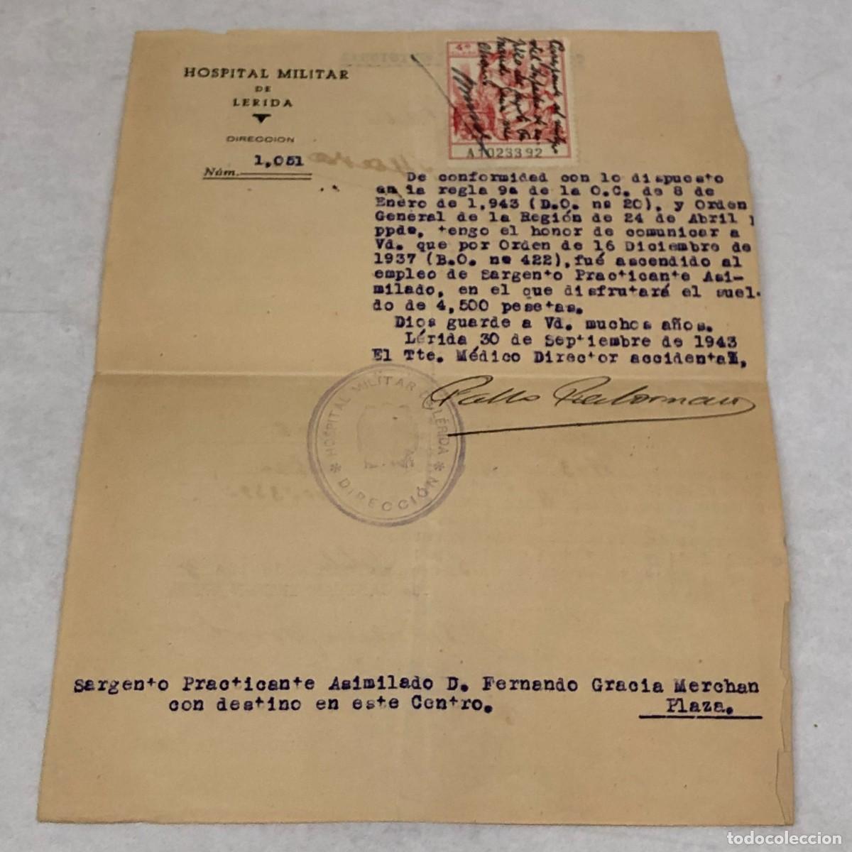 Militaria: DOCUMENTO - HOSPITAL MILITAR DE L&Eacute;RIDA FIRMADO POR EL TENIENTE M&Eacute;DICO DIRECTOR - 1943 / 1154
