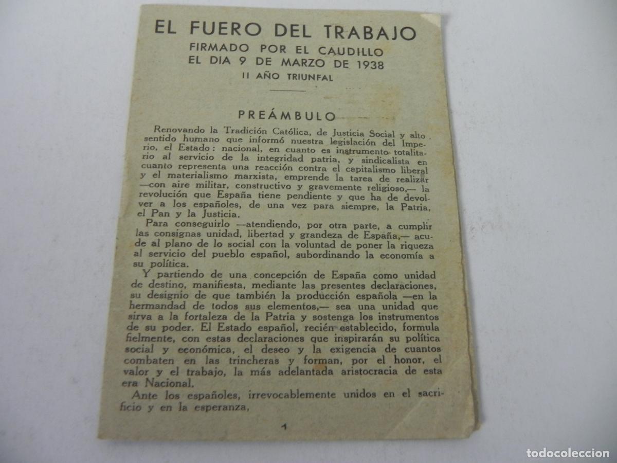 Militaria: Folleto El Fuero del Trabajo - Miniatura 8 P&aacute;gs - 9 de Marzo de 1938 - II A&ntilde;o Triunfal