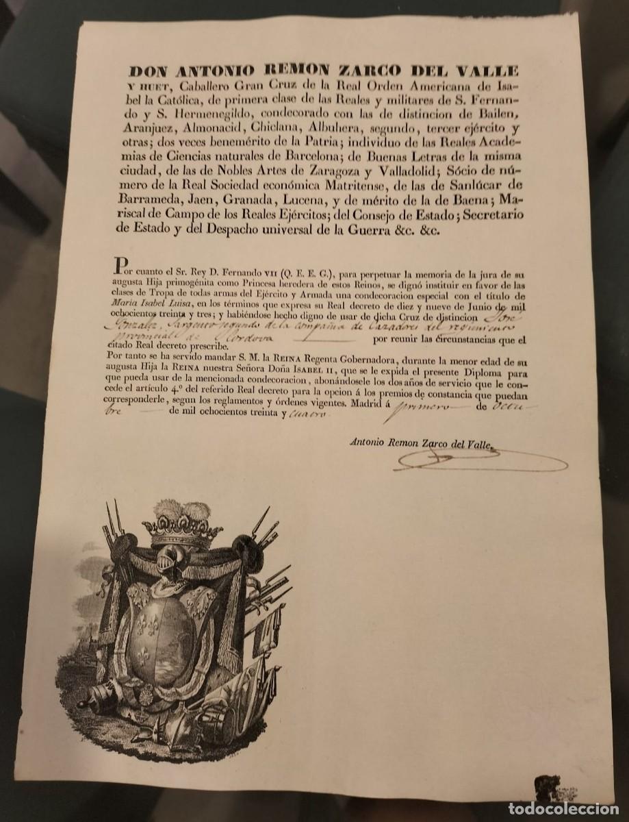 Militaria: A&ntilde;o 1834 - Antonio Rem&oacute;n Zarco del Valle - Fernando VII - Condecoraci&oacute;n Mar&iacute;a Isabel Luisa -