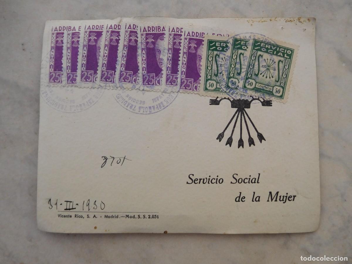 Militaria: Tarjeta de servicio social de la mujer. Barcelona a&ntilde;o 1951