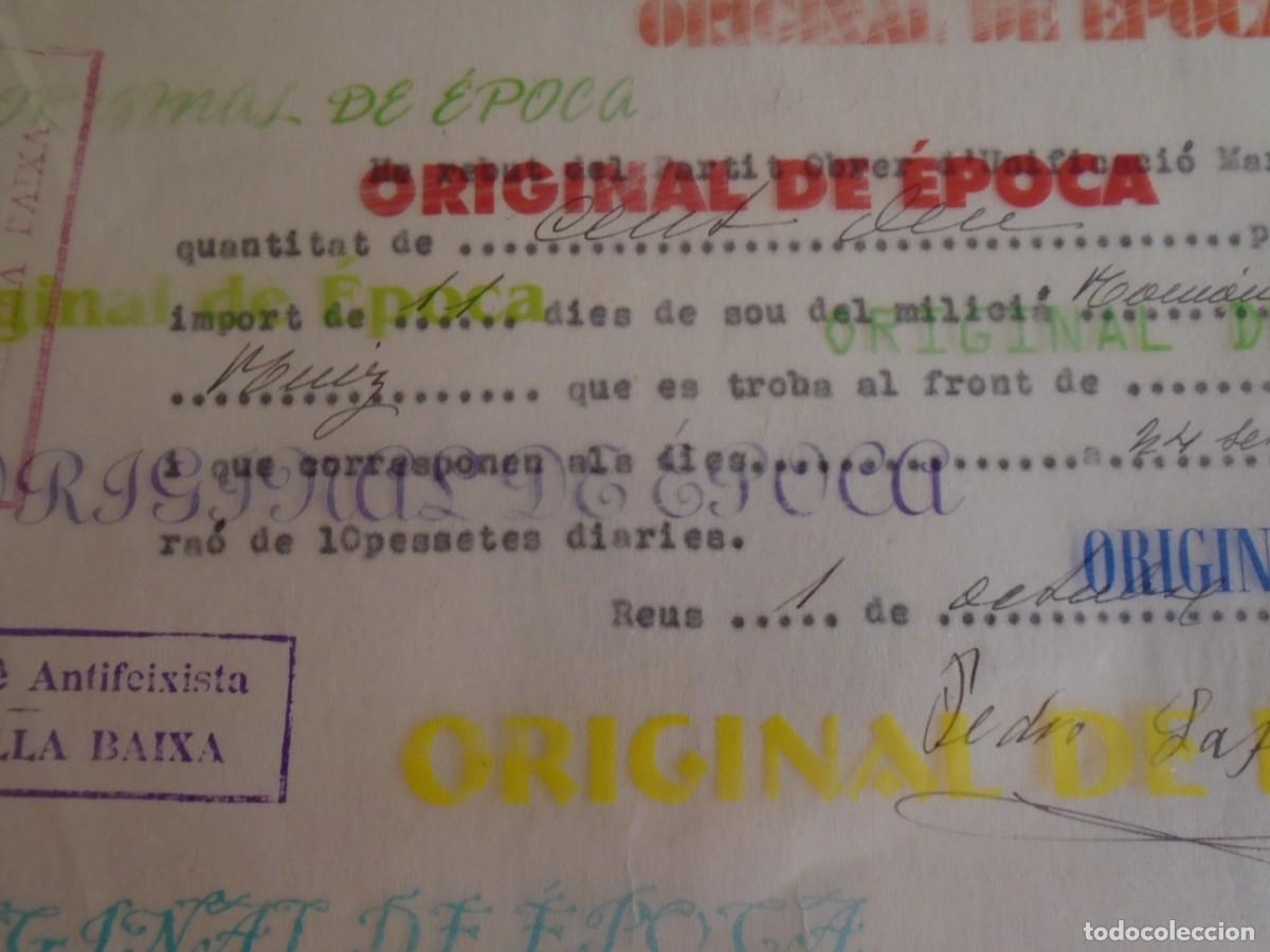 Militaria: (GC-260600)RECIBO SALARIO MILICIANO COMITE ANTIFEIXISTA P.O.U.M.VILELLA BAIXA 1-10-1936 REUS