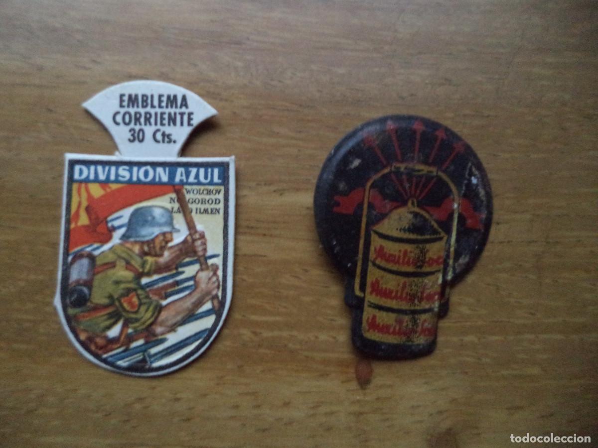 Militaria: 2 emblemas corrientes auxilio social falange