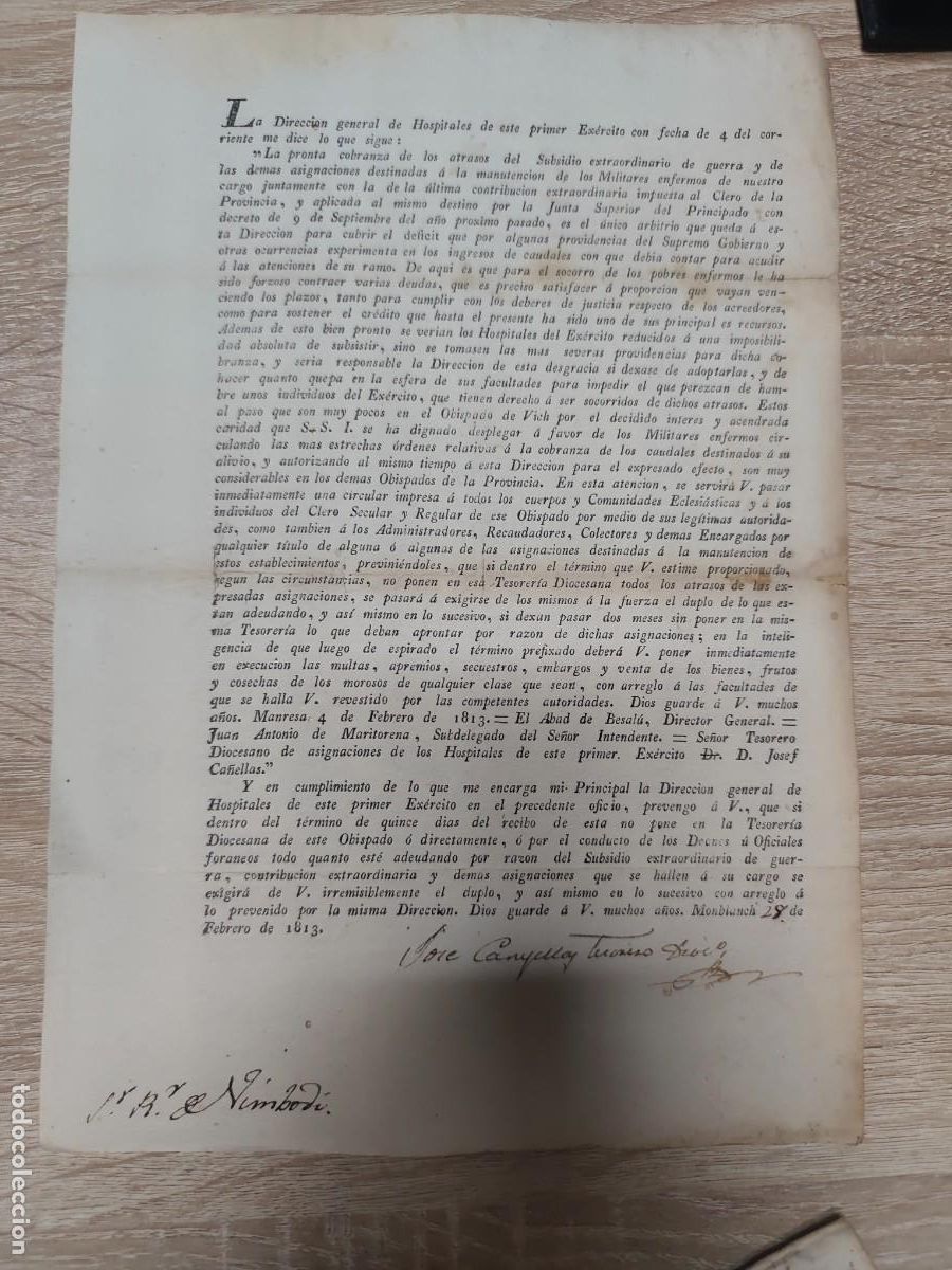 Militaria: Manuscrito Guerra de la independencia Montblanc 1813 Hospitales primer ej&eacute;rcito