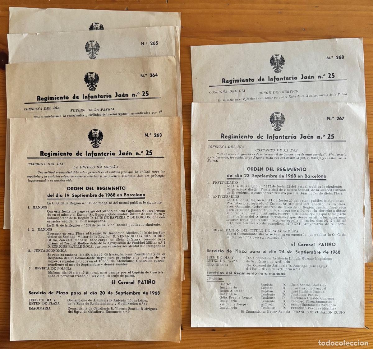 Militaria: REGIMIENTO DE INFANTERIA JAEN- N&ordm; 25- SEIS DOCUMENTOS- BARCELONA 1968