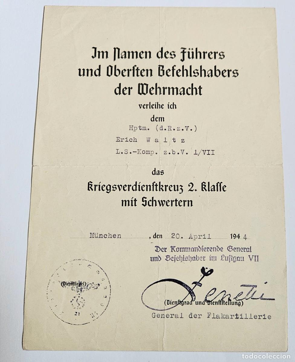 Militaria: Wehrmacht. Documento original &rdquo;Kriegsverdienstkreuz 2. Klasse&rdquo;. 1944
